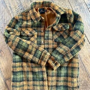 Volcom brown and green Plaid Sherpa Jacket